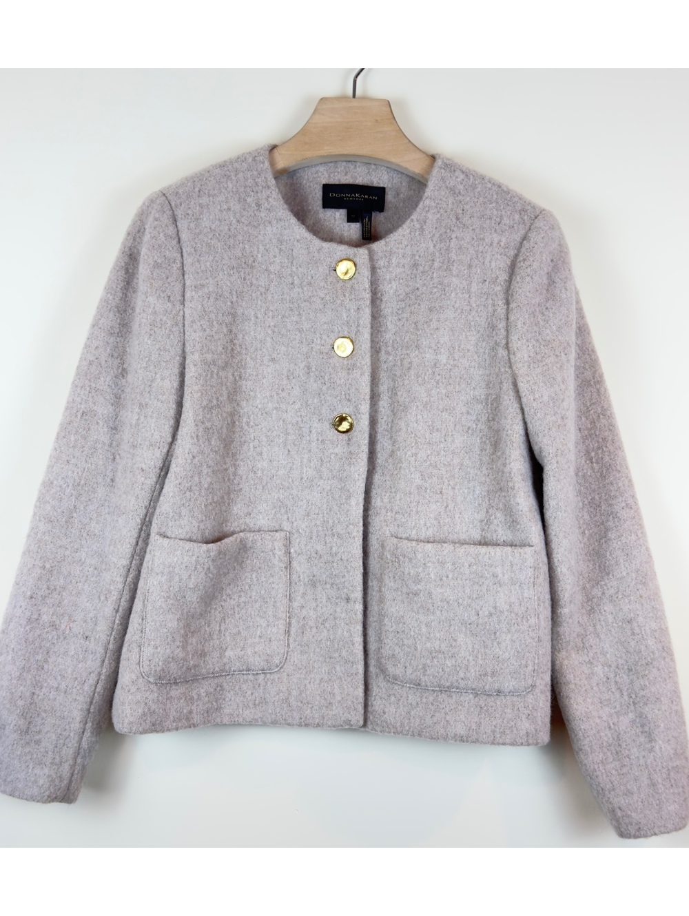 Donna Karan New York Wool Blend Collarless Jacket Blazer Gold Buttons Size 12